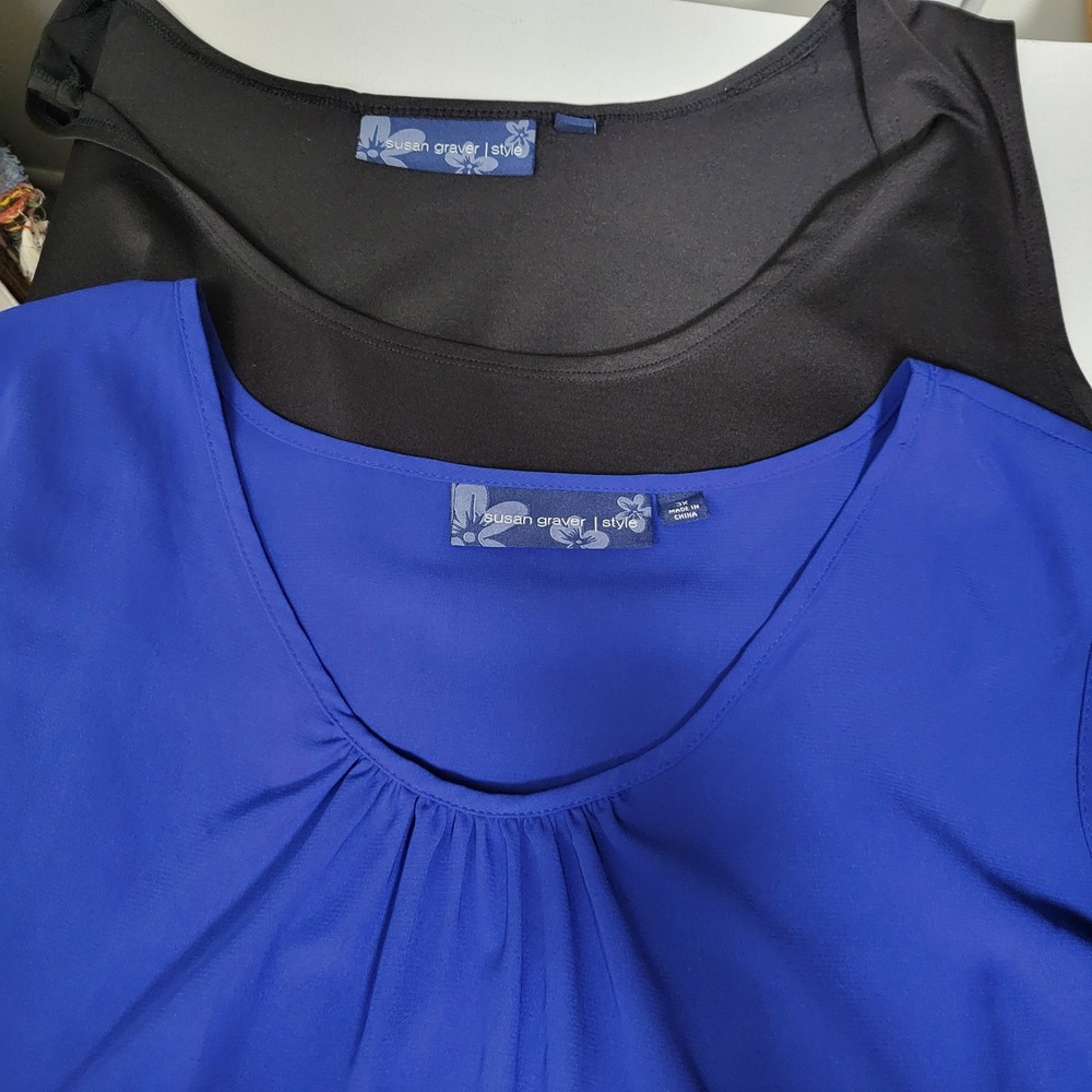 Lot 2 Susan Graver Tank Top Blouse 3X 100% Polyester Blue Black Business Casual‎